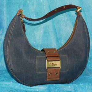 Silver Dior Half Moon Bag in Denim Canvas and Brow